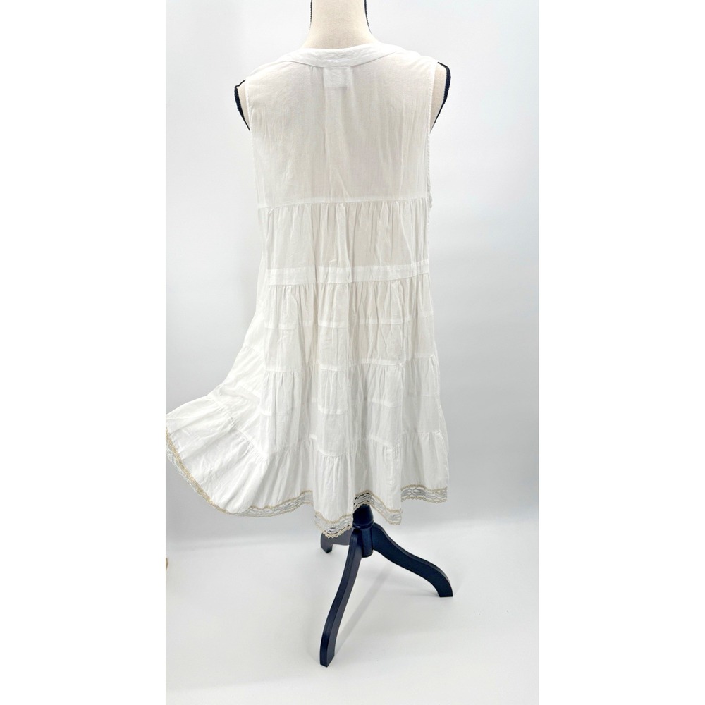 Free People White Cotton Tiered Dress Medium Beach Cover Up Gold Crochet Trim - Picture 6 of 12